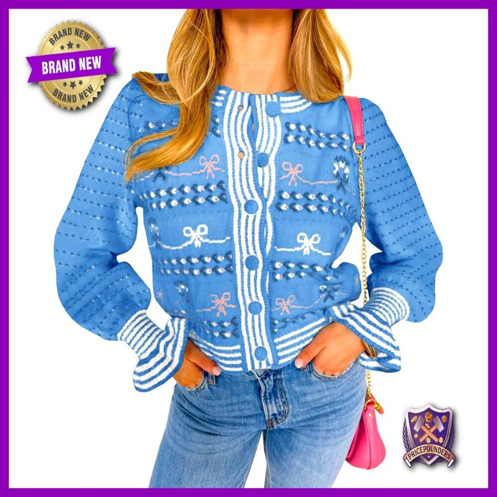 Cropped Knit Cardigan Puff Ruffle Sleeve Striped Button Bow Graphic Chic